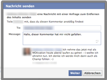 Facebook Dialog bei gelöschten Spamkommentaren